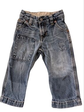 Baby Gap Vintage Y2K Pirate Skull Embroidered Denim Blue Jeans Size 18/24 Months